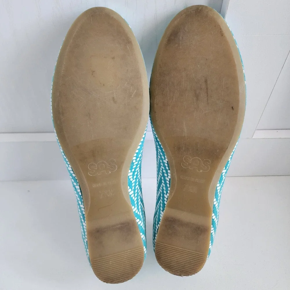 SAS‎ Womens 7.5 Lacey Teal White Chevron Geometric Ballet Flats - $245 MSRP